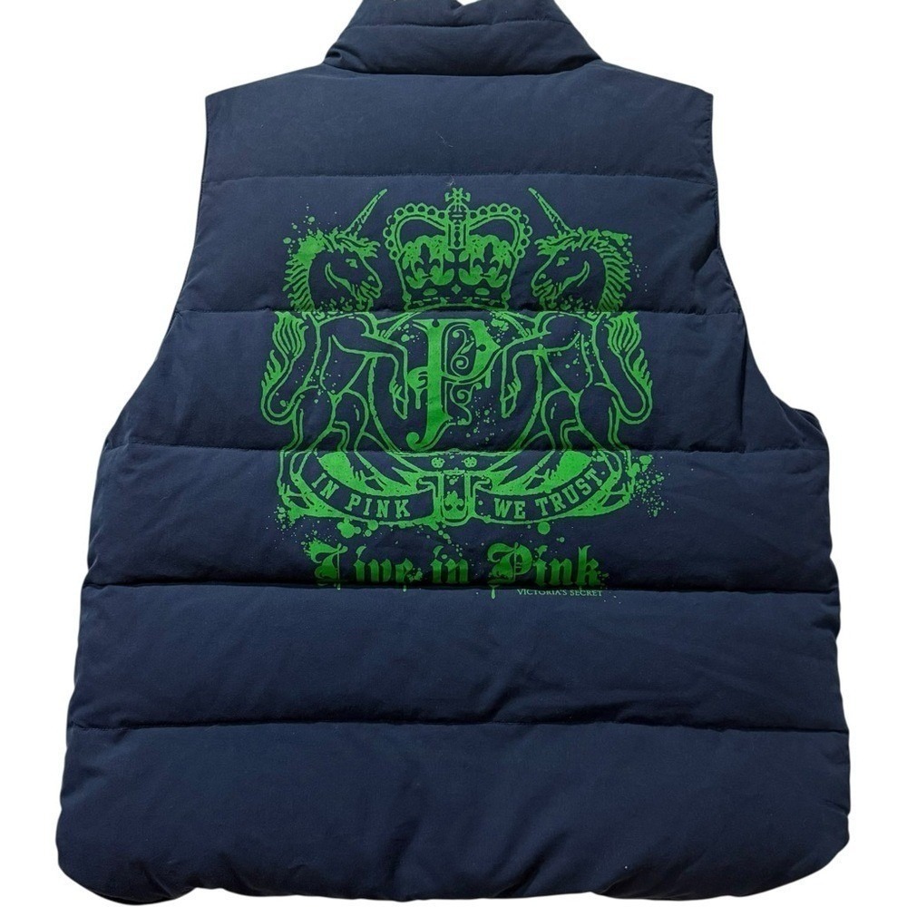VTG Victoria's Secret PINK Puffer Vest Navy Green Crest Graphic M / L